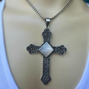 VTG Pendant Necklace 23 Inch Christian Cross‎ MOP Marcasite 925 Sterling 30.9g
